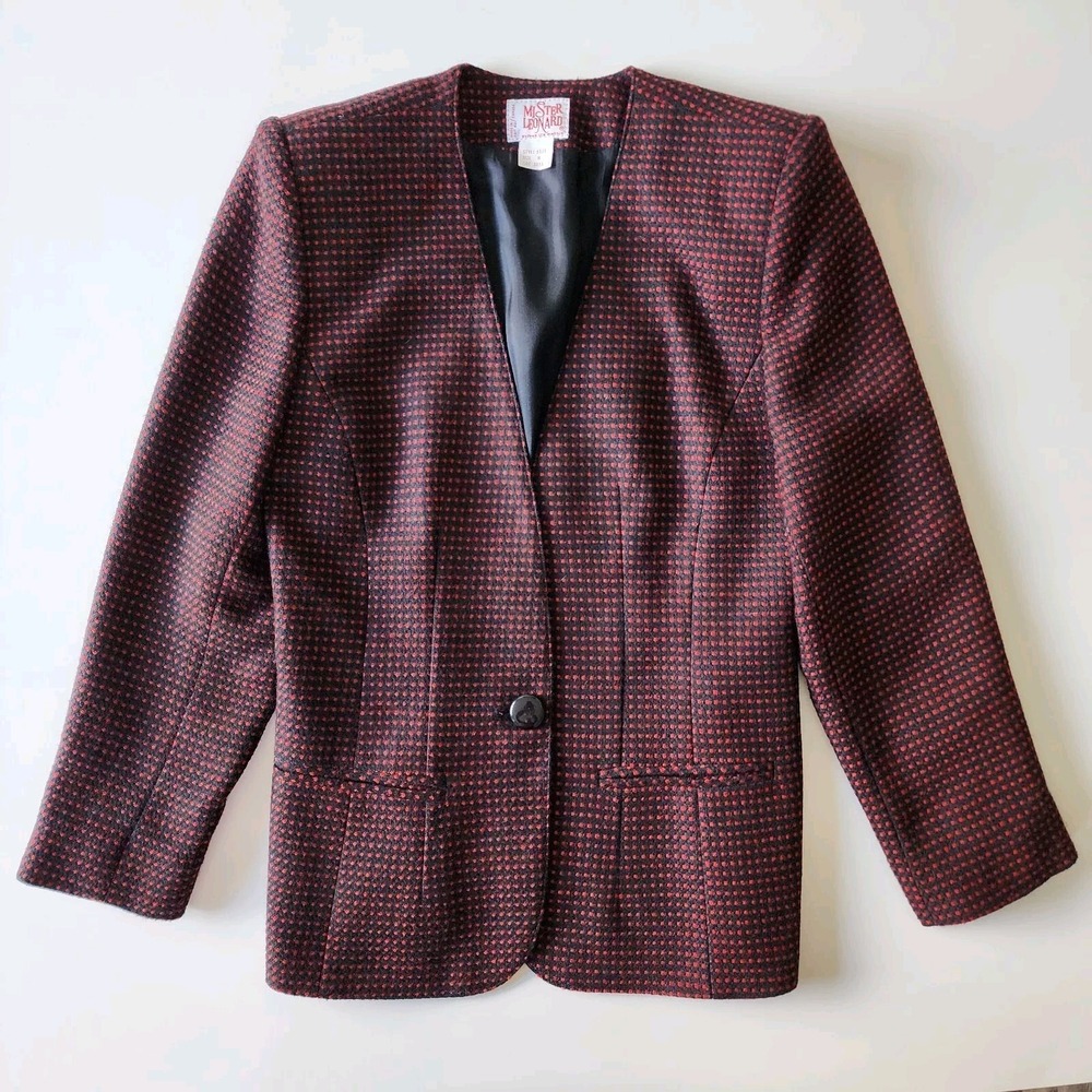 Vintage MISTER LEONARD Blazer Womens 8‎ Wool Blend Red Black Check Shoulder Pads